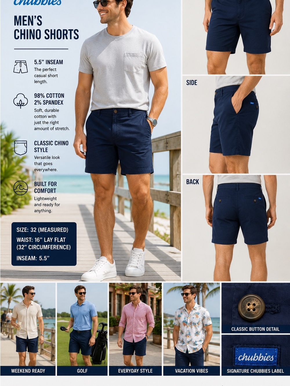 Chubbies Men's Navy Stretch Chino Shorts 32 5.5" Inseam Casual Cotton